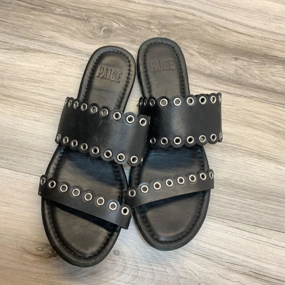 Paige Womens Double Strap Grommet Scalloped Sandals Black Leather Size‎ 7 Slides